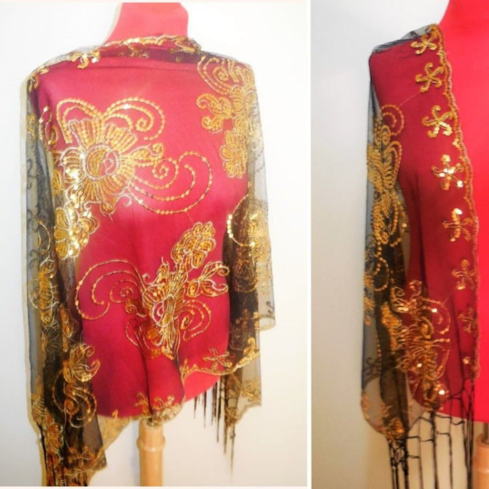 Shawl Sequin Lace Black Gold Sheer Long Fringe Special Occasion Evening Wrap